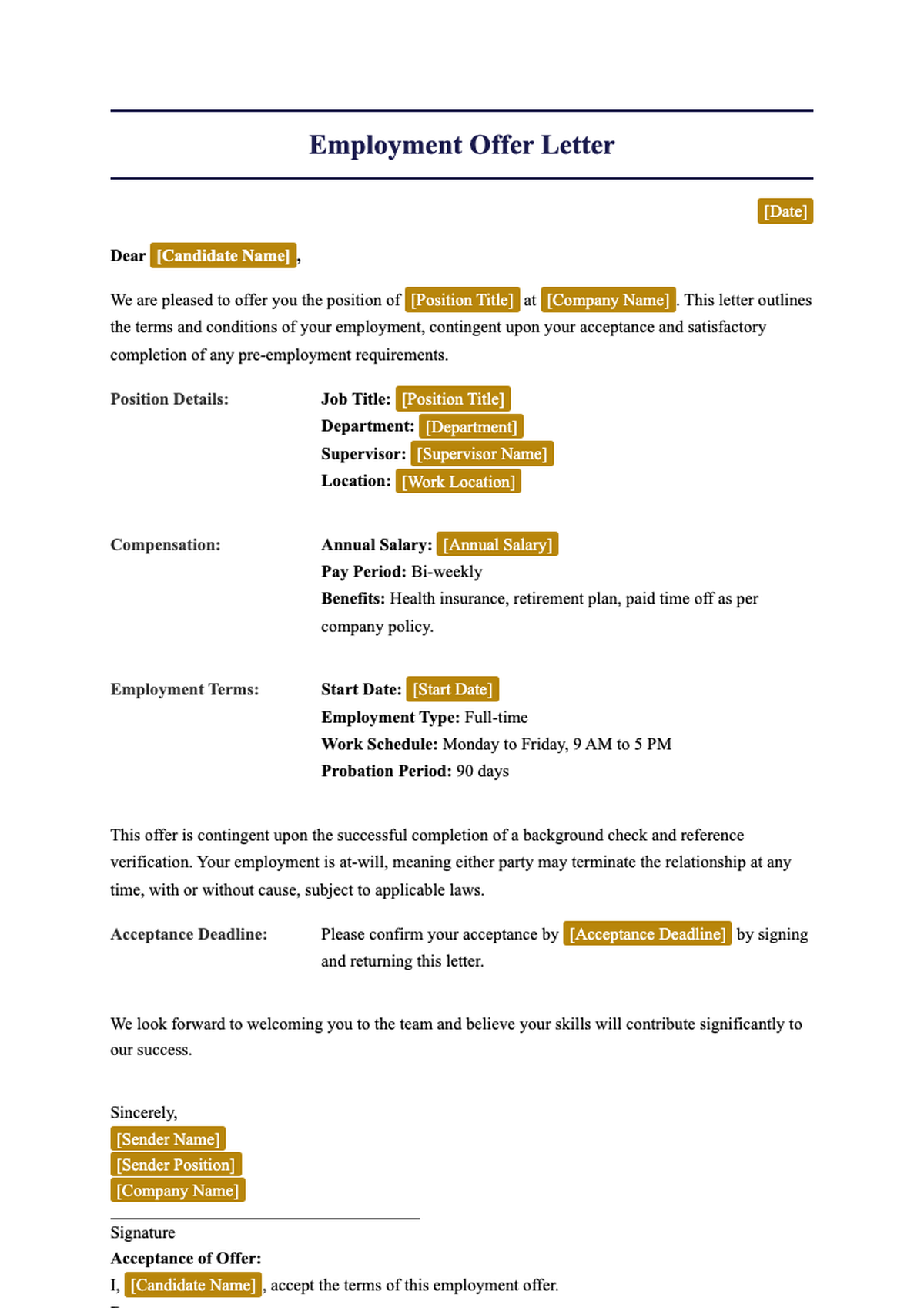Professional employment offer letter template with placeholder fields_variant_3